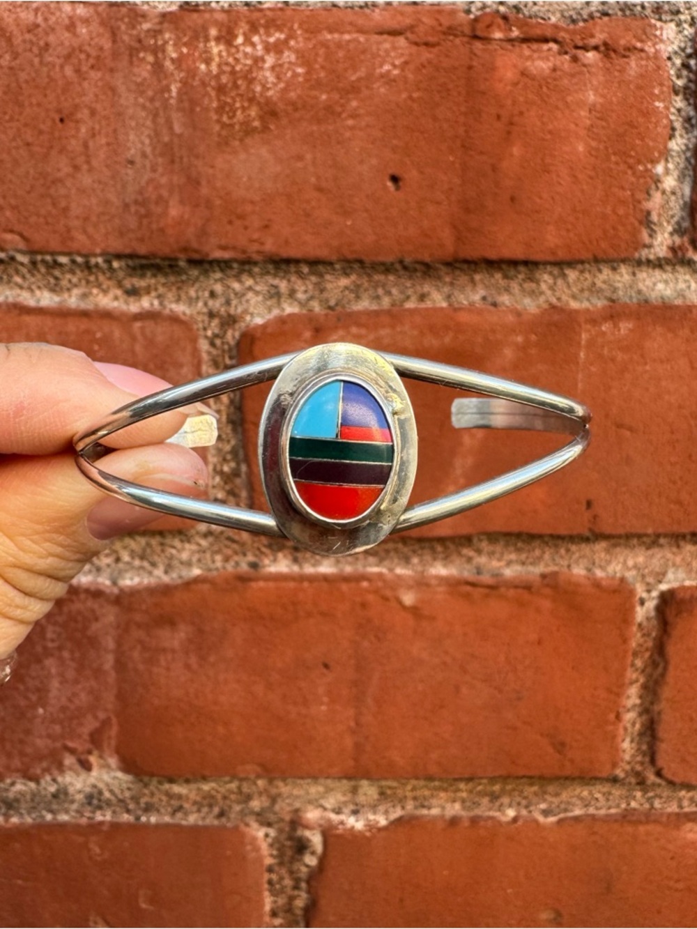 Native American, Sterling Silver Multicolor Inlay Cuff Bracelet